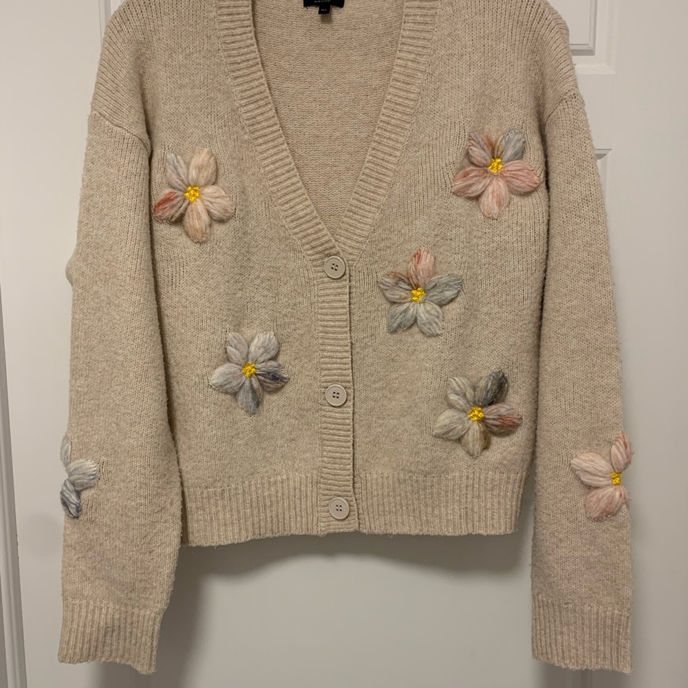 Debut Beige Cardigan with Floral Accents